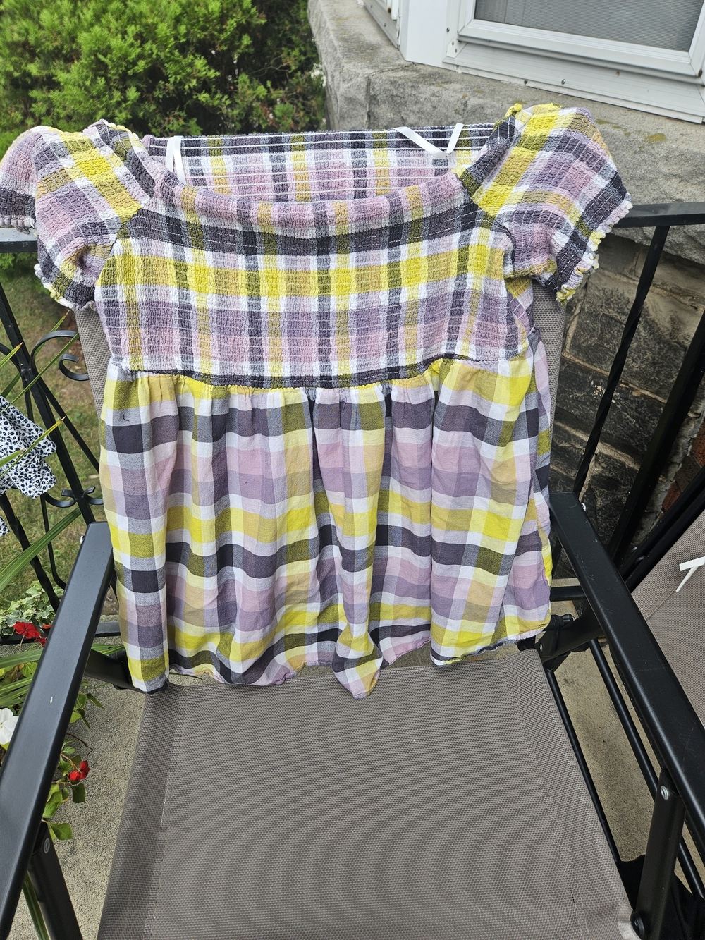 torrid Yellow and Lavender Plaid Off-Shoulder Smocked Babydoll Top - Picture 2 of 3
